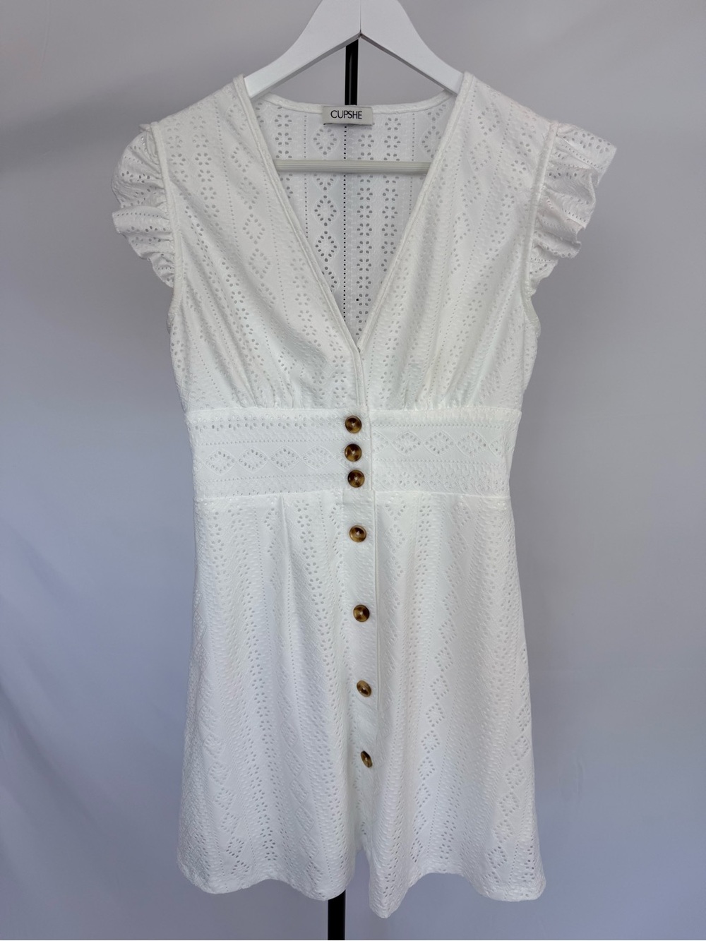 Cupshe White Eyelet V-Neck Button Mini Dress with Ruffle Sleeves